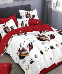 Ropa de cama blanca y rojo con pajaros