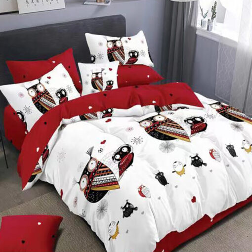 Ropa de cama blanca y rojo con pajaros