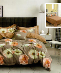 Ropa de cama marron y flores verde y naranja