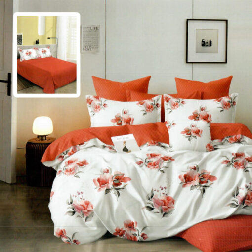 Ropa de cama naranja y blanco y flores