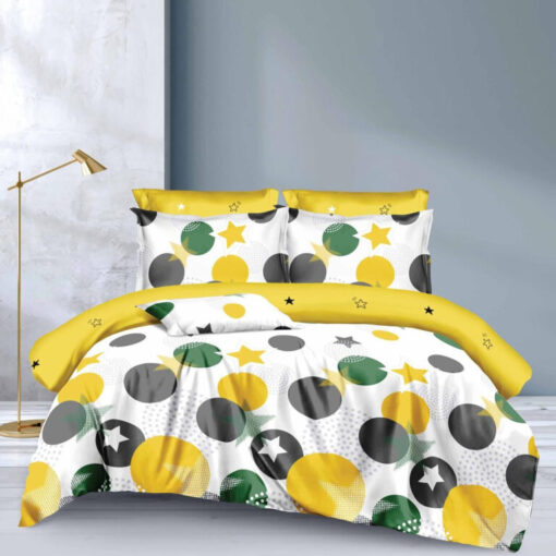 Ropa de cama blanco y amarillo con aros y estrellas