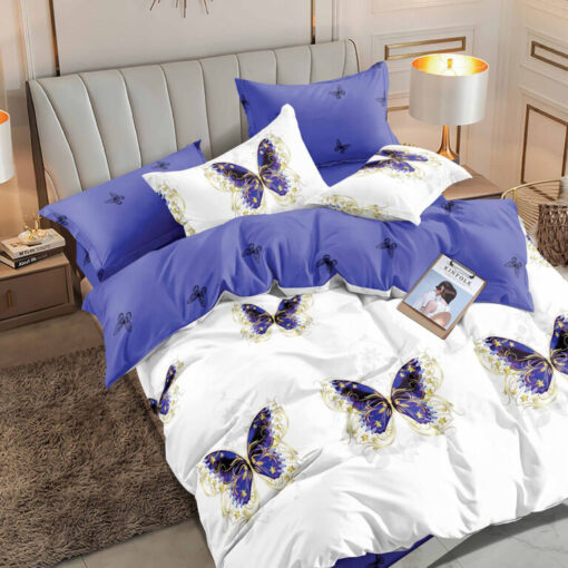 Ropa de cama azul y blanco y mariposas
