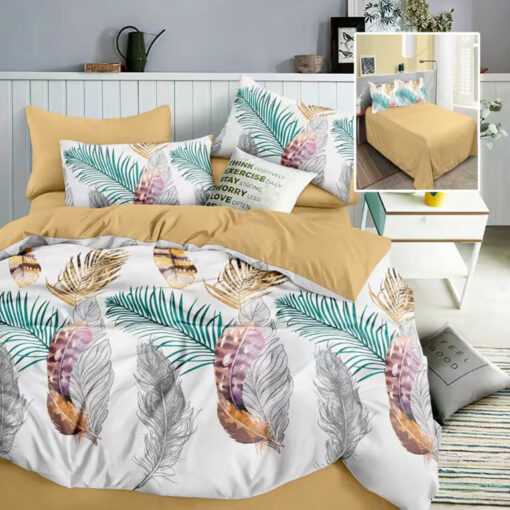 Ropa de cama beige con plumas en colores