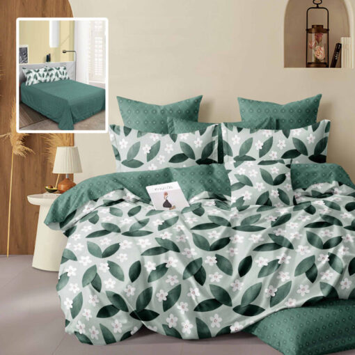 Ropa de cama verde con pequeñas flores blancas