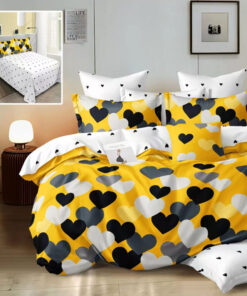 Ropa de cama amarilla y multi corazones