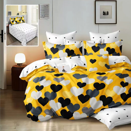 Ropa de cama amarilla y multi corazones