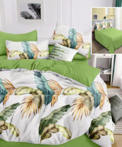 Ropa de cama verde y blanco y con plumas en colores