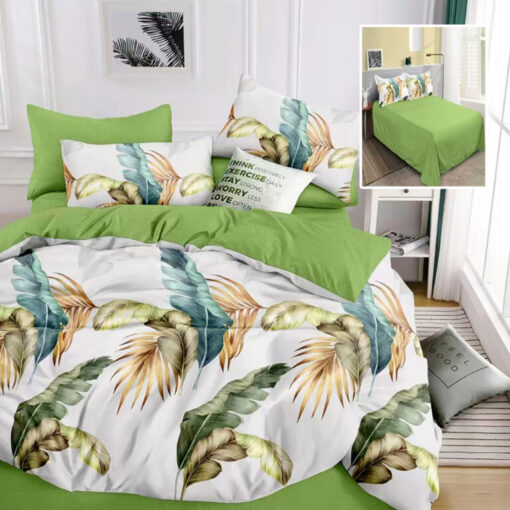 Ropa de cama verde y blanco y con plumas en colores