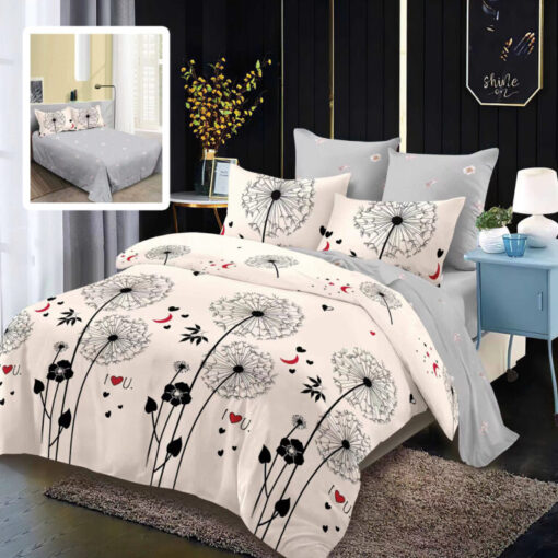 Ropa de cama gris y blanco con pequeñas corazones y semilunas