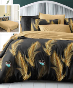 Ropa de cama negro y beige oscuro con plumas