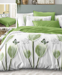 Ropa de cama verde y blanco con mariposas y flores