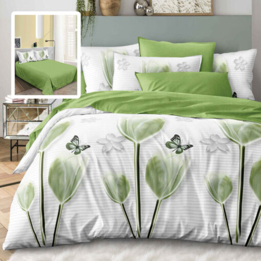 Ropa de cama verde y blanco con mariposas y flores
