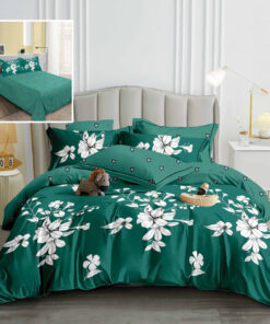 Ropa de cama verde y multi flores blancas