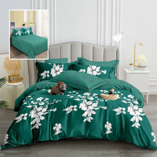 Ropa de cama verde y multi flores blancas