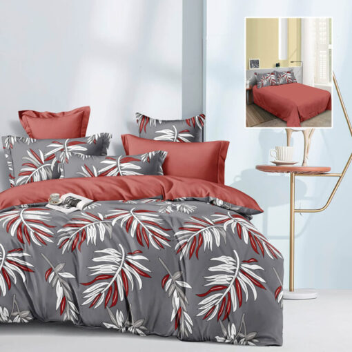 Ropa de cama gris y rojo oscuro
