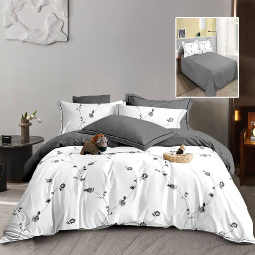 Ropa de cama gris y blanco