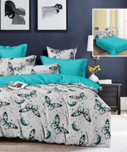Ropa de cama gris y azul con mariposas