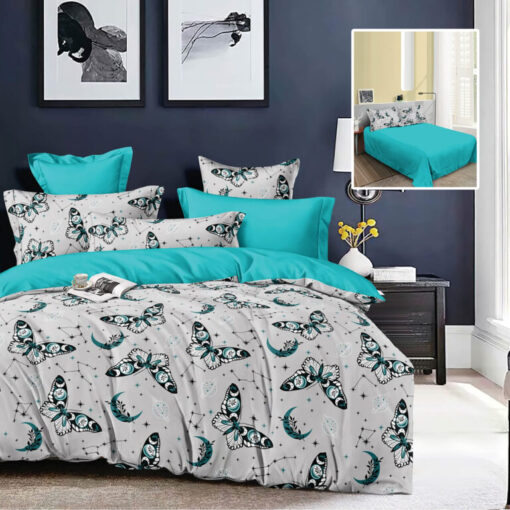 Ropa de cama gris y azul con mariposas
