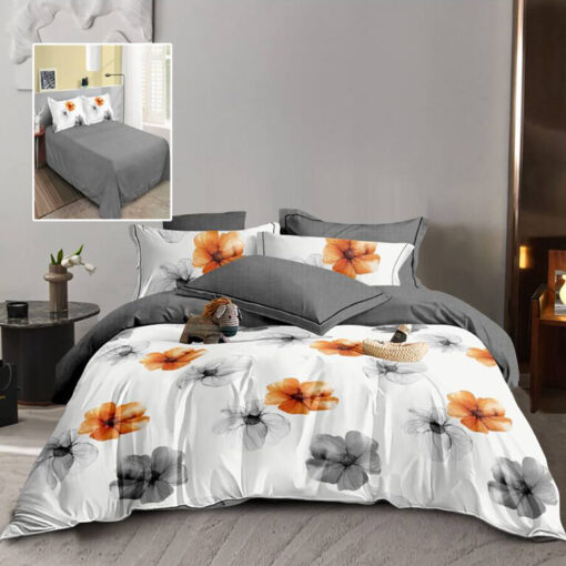 Ropa de cama flores naranja y gris
