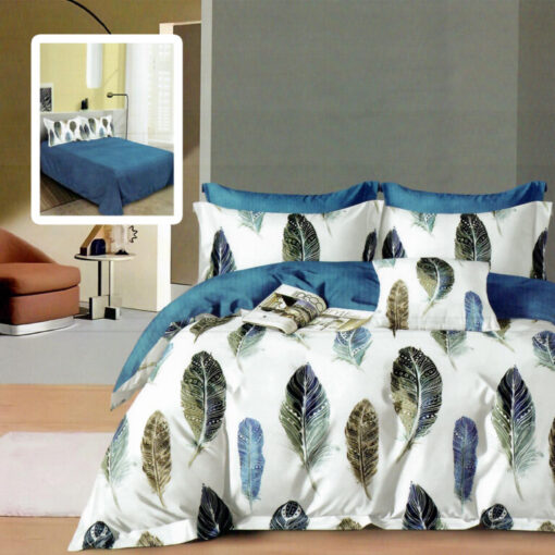 Ropa de cama blanco y azul con plumas