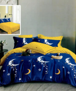 Ropa de cama azul y amarilla con medialuna