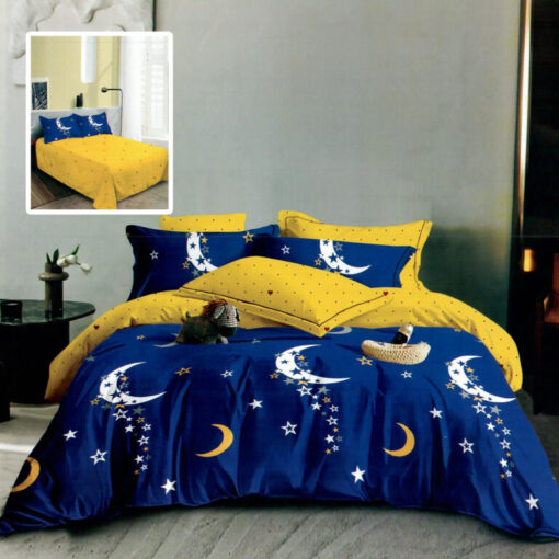Ropa de cama azul y amarilla con medialuna