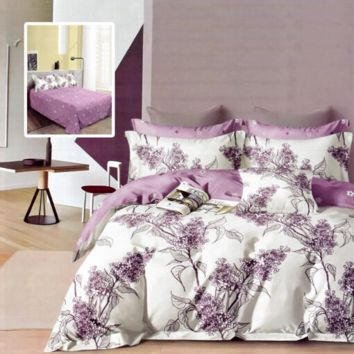 Ropa de cama blanca y lila