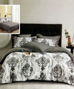 Ropa de cama blanco y gris oscuro