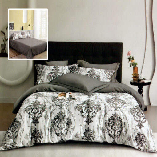 Ropa de cama blanco y gris oscuro