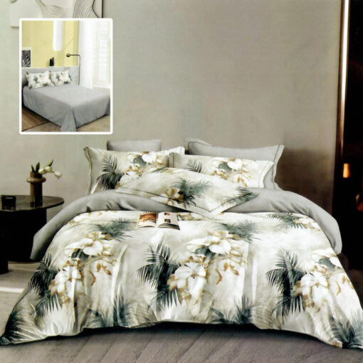 Ropa de cama gris y flores blancas