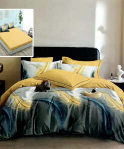 Ropa de cama amarilla con plumas azules y amarillas