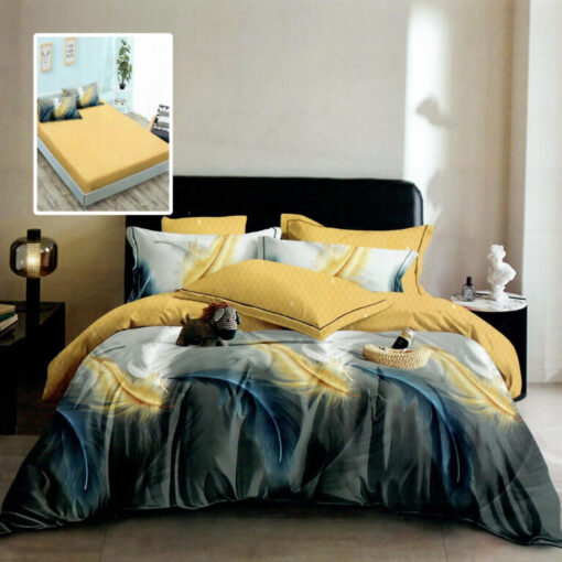 Ropa de cama amarilla con plumas azules y amarillas