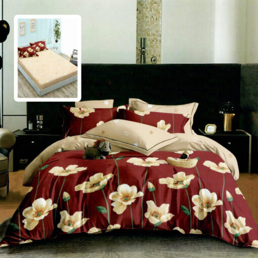 Ropa de cama beige y rojo con flores beige