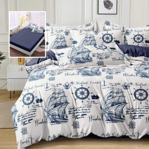 Ropa de cama blanca y barcos azules