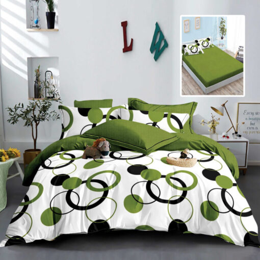 Ropa de cama verde y blanco y con aros