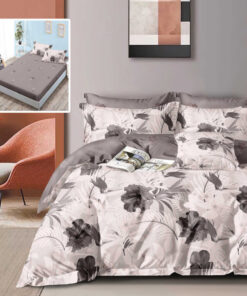 Ropa de cama blanca y flores color gris
