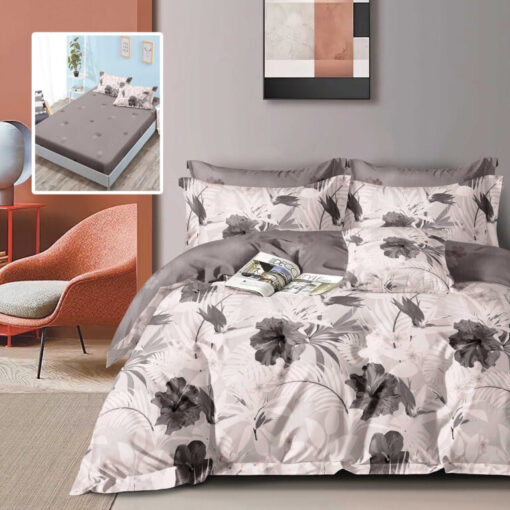 Ropa de cama blanca y flores color gris