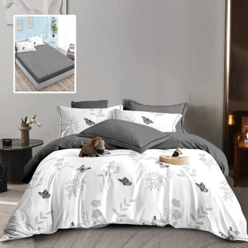 Ropa de cama blanca y gris con mariposas