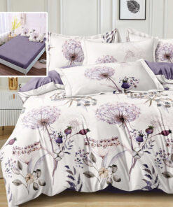 Ropa de cama blanca y flores lila