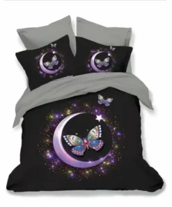 Ropa de cama 3D gris y negra con mariposa y semiluna