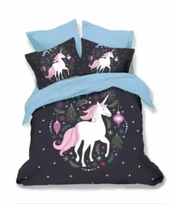 Ropa de cama 3D azul y negro y caballo blanco