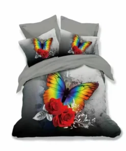 Ropa de cama 3D gris con mariposa en colores