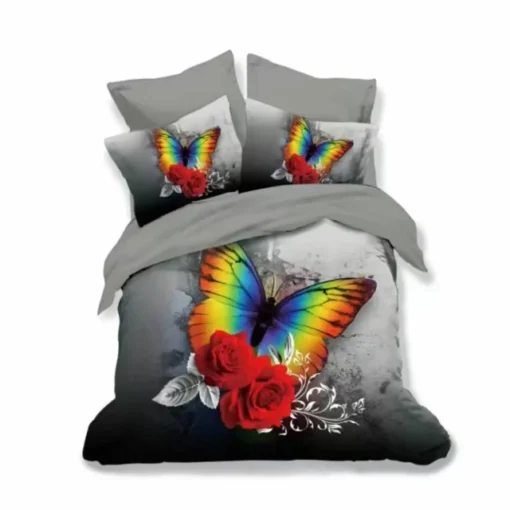 Ropa de cama 3D gris con mariposa en colores