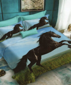 Ropa de cama 3D azul y caballo negro