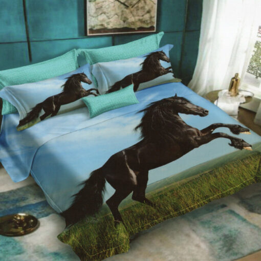 Ropa de cama 3D azul y caballo negro