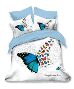 Ropa de cama 3D blanca y azul con mariposas
