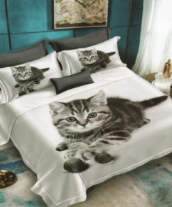 Ropa de cama 3D blanca y gris con gatito
