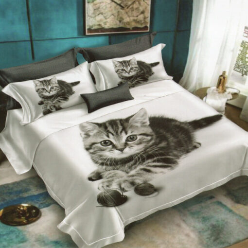 Ropa de cama 3D blanca y gris con gatito