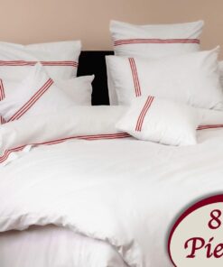 Ropa de cama blanca y lineas rojas/ 8 piezas