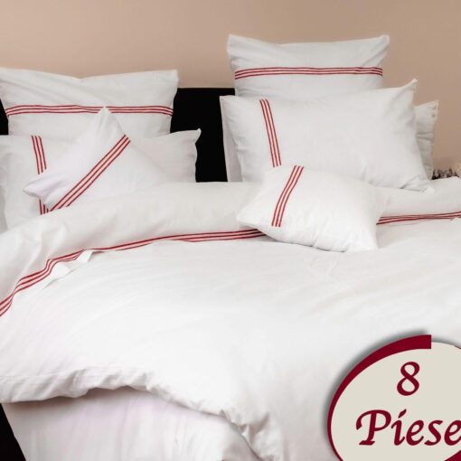 Ropa de cama blanca y lineas rojas/ 8 piezas
